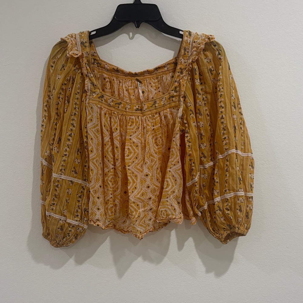 Free People Mustard Boho Peasant Blouse | Puff Sleeve